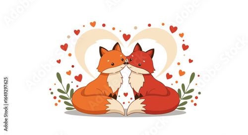 Two cute foxes cuddling in front of heart shapes and flowers,  Suitable for Reconciliation Day, romantic gifts and cute decorations
