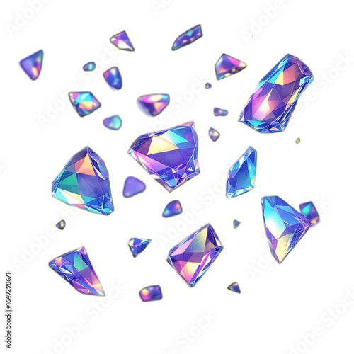 Scattered iridescent holographic crystals and gems with prismatic rainbow colors, faceted and sharp, isolated on transparent background