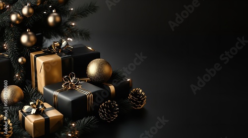 Elegant christmas gifts in black and gold with ornaments and pine cones under the christmas tree