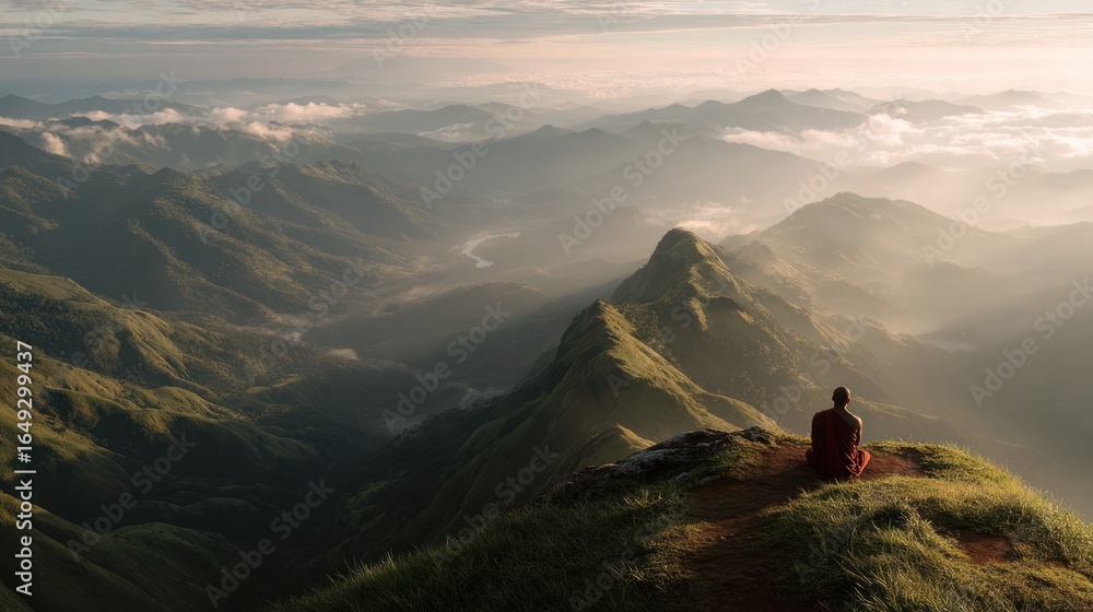Naklejka premium Hiker sits on a grassy peak, overlooking a sunlit valley between distant mountain ranges