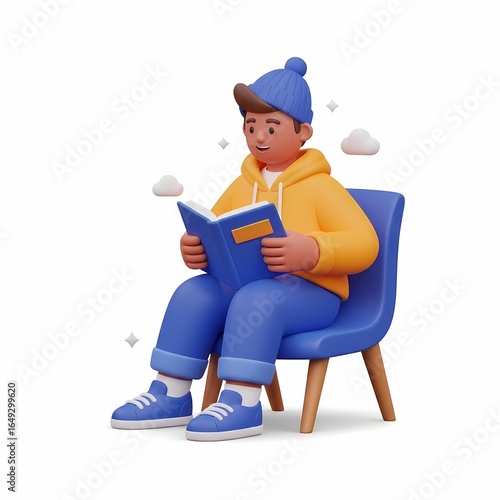 Cartoon 3D character sitting on a chair reading a book with a relaxed expression.