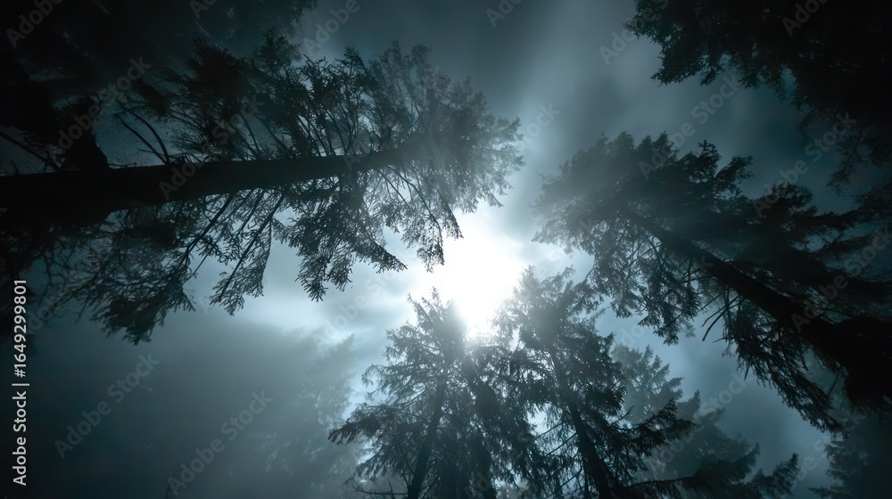 Fototapeta premium Forest canopy view upwards towards bright sunlight filtering through trees and fog