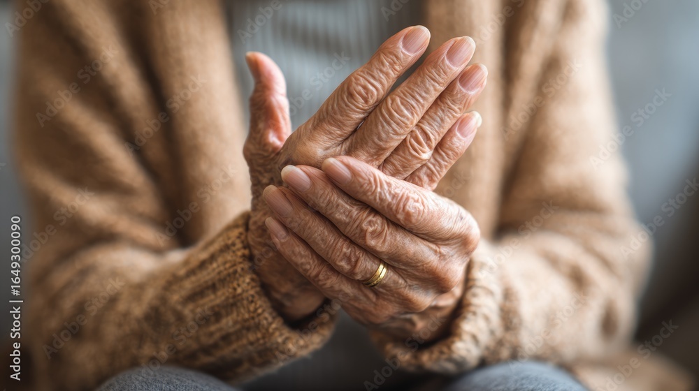 Fototapeta premium An elderly person's hands with visible wrinkles and signs of aging, showcasing the beauty of life experience in a cozy setting.