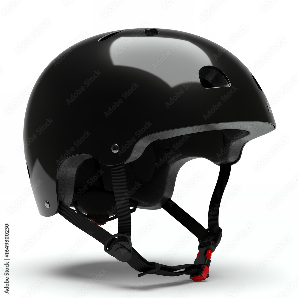 Fototapeta premium Black glossy protective helmet front view with ventilation openings padded interior red quick release chin strap buckle isolated white background cycling skating safety equipment