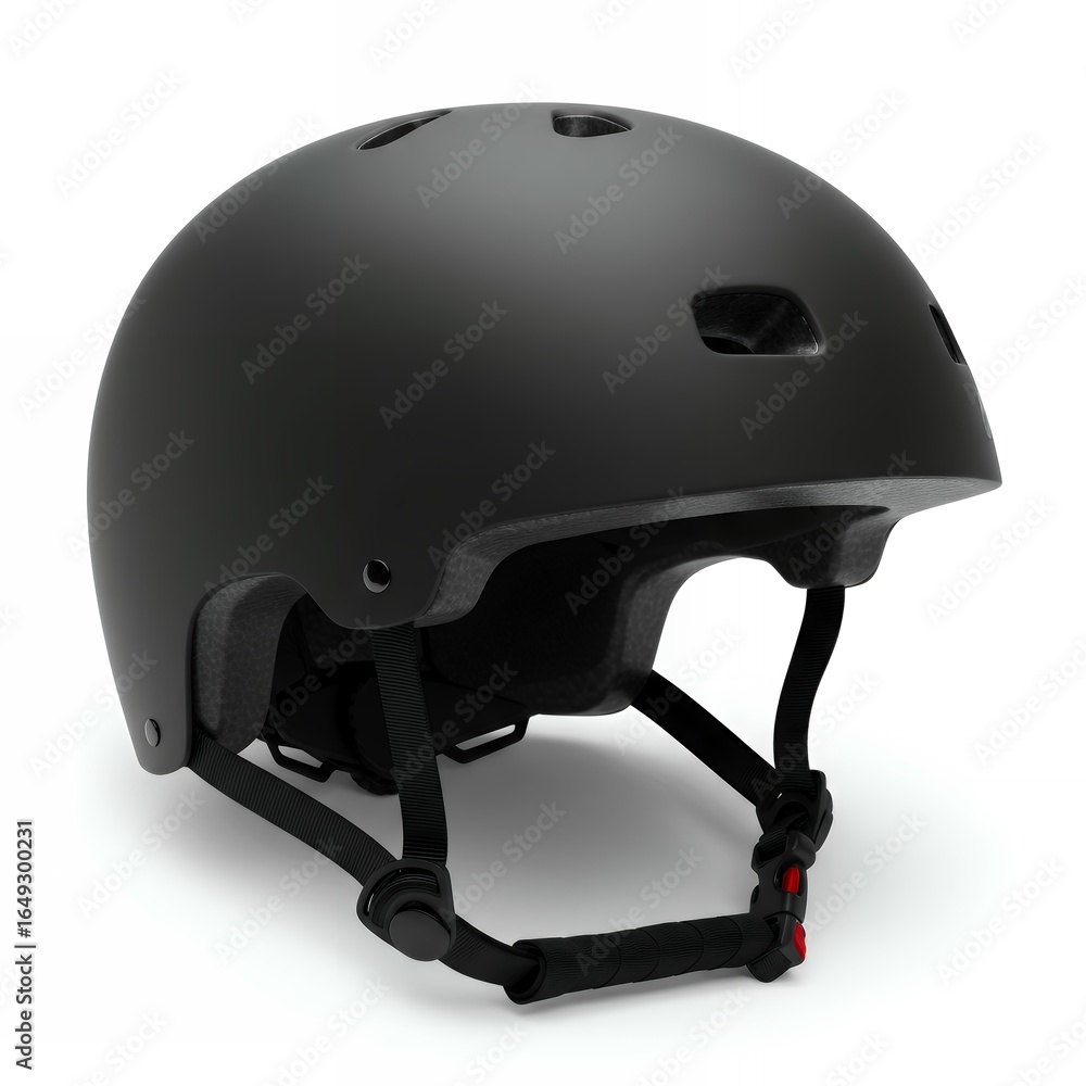 Fototapeta premium Black matte sport helmet rear three quarter view with multiple ventilation vents adjustable strap system red safety buckle isolated white background protection gear