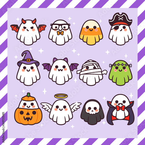 Cute Kawaii Ghost Halloween, Cute Halloween candy, pumpkin, mummy, devil