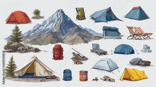 Camping themed illustration featuring tents, backpacks, mountains, and other outdoor equipment