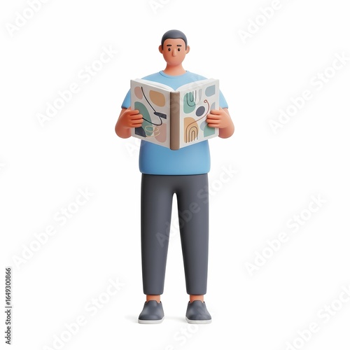 3D rendered man standing and reading an open book with abstract art on the pages.