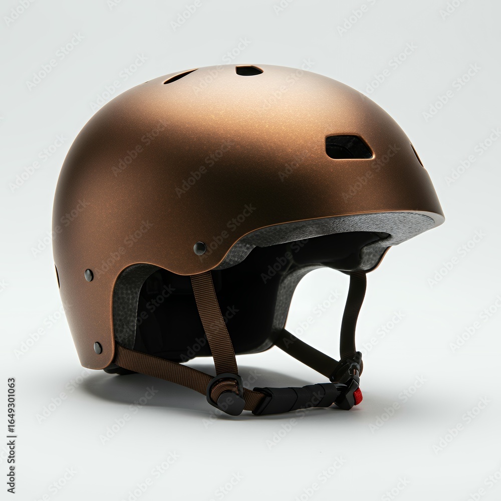 Fototapeta premium Matte bronze protective sports helmet with black foam padding and brown chin strap for skateboarding cycling urban safety equipment closeup