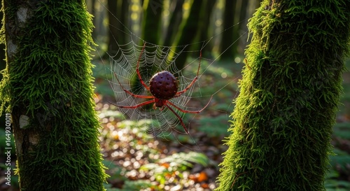 Reddish brown spider in web amidst moss covered forest trunks