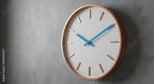 Wallpaper Mural A minimalist modern wall clock with a rose gold frame and blue hands, mounted on a textured gray wall. Torontodigital.ca