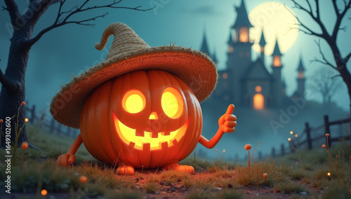 Funny Halloween pumpkin winks with one eye in a straw hat and gives a thumbs up against the backdrop of the old Dracula castle