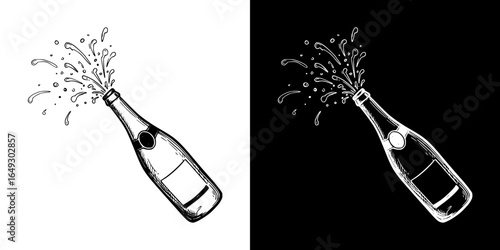 Champagne bottle with sparkling wine cork popping, isolated vector image, two design options on transparent and black backgrounds, pencil drawing, chalk drawing
