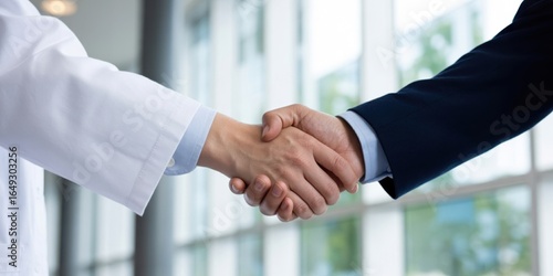 Business and Medical Partnership, professional handshake and collaboration, healthcare agreement.