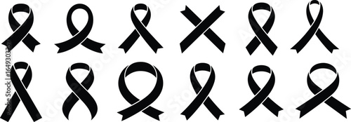 Awareness ribbon icons, black ribbon silhouettes, support symbol vector, cause awareness shapes, charity ribbons, solidarity design set