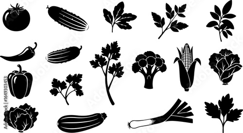 Black and White Silhouette Vector Illustration of Fresh Vegetables and Herbs Variety