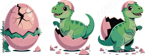 Adorable cartoon baby dinosaur hatching, cracked egg vector illustration, cute green dino character clipart, fun prehistoric animal drawing