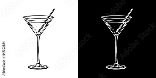 Isolated vector image of cocktail glass with straw, two design options on transparent and black backgrounds, pencil drawing, chalk drawing