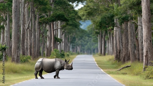 A black rhinoceros crosses the road amidst dense green forest vegetation, showcasing the beauty of wildlife in a natural setting