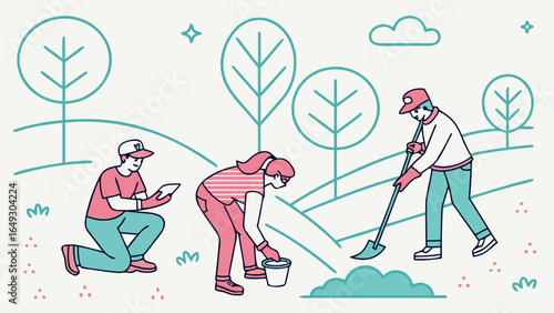 People working together in a park planting trees and gardening