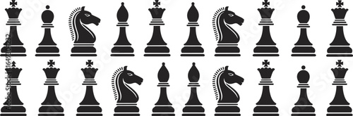 Black chess piece icons, chess game vector set, king queen bishop knight rook pawn silhouettes, strategy board game symbols