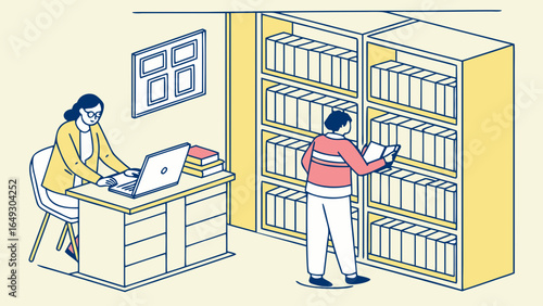 People in a library with books and a laptop