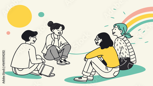 Diverse group of friends sitting together and chatting outdoors