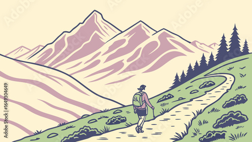 Hiker walks on a mountain path towards majestic peaks