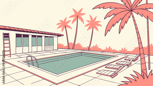 Retro style illustration of a swimming pool with palm trees and a modern house