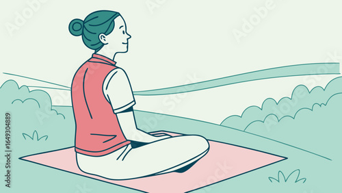 Woman meditating peacefully outdoors in a serene landscape