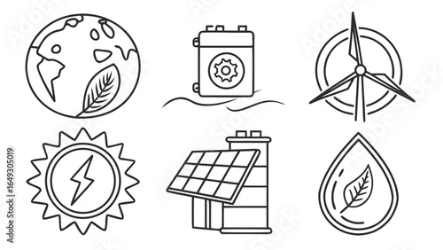 Set of icons representing renewable energy and environmental protection