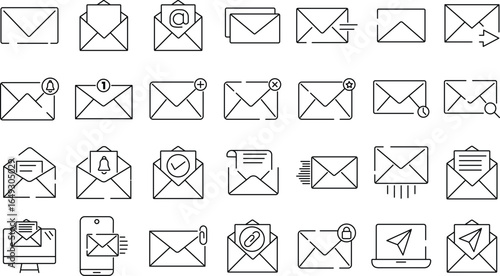 Mail and Email Line Icon Set. Outline web icons. Pixel perfect. suitable for apps and websites Ui designs. Postal Letter, Mailbox, Email, Post Office, Envelope, Messaging. Editable strokes. vector ill