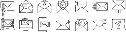 Mail and Email Line Icon Set. Outline web icons. Pixel perfect. suitable for apps and websites Ui designs. Postal Letter, Mailbox, Email, Post Office, Envelope, Messaging. Editable strokes. vector ill