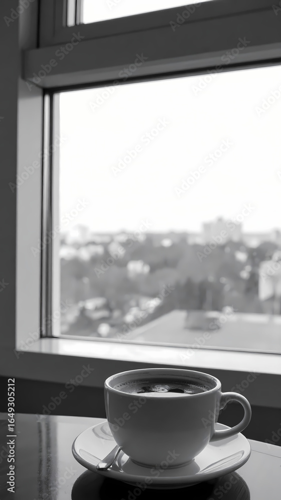 Obraz premium Coffee cup by window urban view