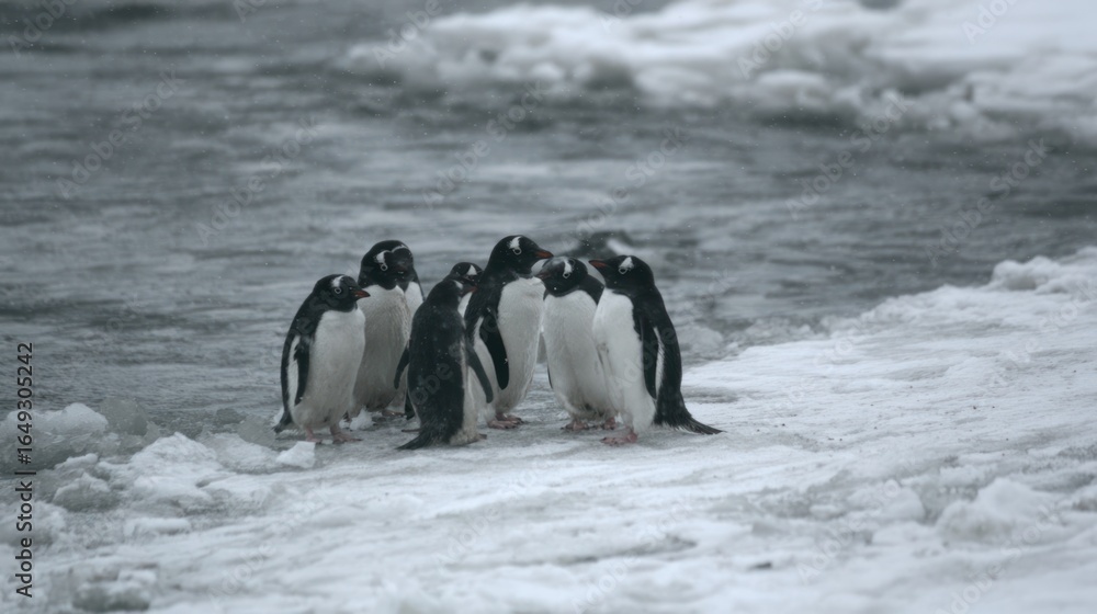 Obraz premium Group of penguins huddled together on a snowy and icy shore