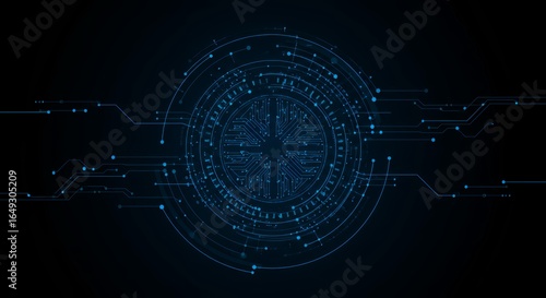 Advanced circular holographic AI brain interface with concentric rings and circuit pathways on dark technology background for artificial intelligence concepts