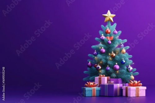 3D rendering illustration of a Christmas tree with gift boxes and decorative balls on a purple background. New Year- Christmas- holiday concept design