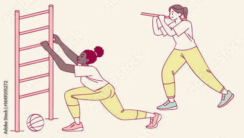 Two women exercising with a ladder and a bar