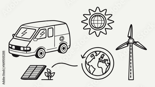 Doodle style electric van powered by renewable energy sources like solar and wind