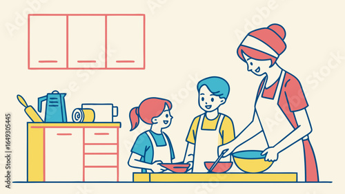 Mother and children baking together in the kitchen