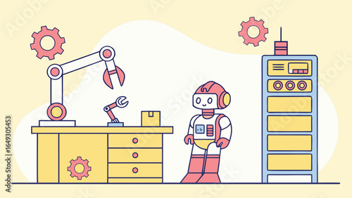 Cute robot working on an assembly line with robotic arms