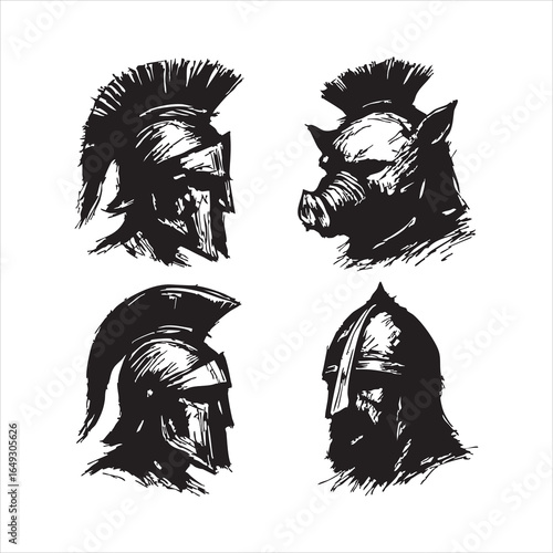 Black and white ancient helmet illustration set in side profile stylized warrior headgear including Greek, Spartan, medieval, and mythological designs, ideal for fantasy vector graphics