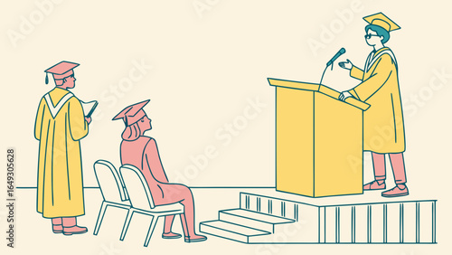 Graduation ceremony with speaker at podium and graduates listening