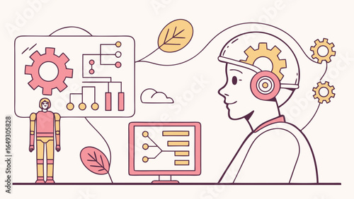 Robot and human interact with technology and data visualization
