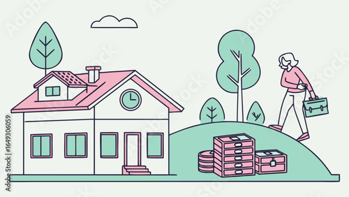 Person walking towards a house with money and boxes
