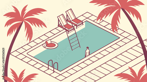 Stylized isometric view of a person standing by a swimming pool with palm trees