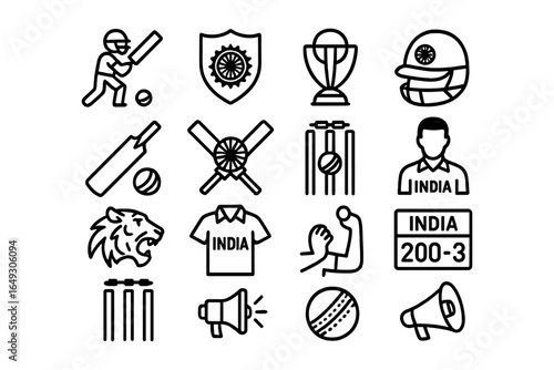 Indian cricket icons: trophy, bat, and player silhouettes with bold outlines
