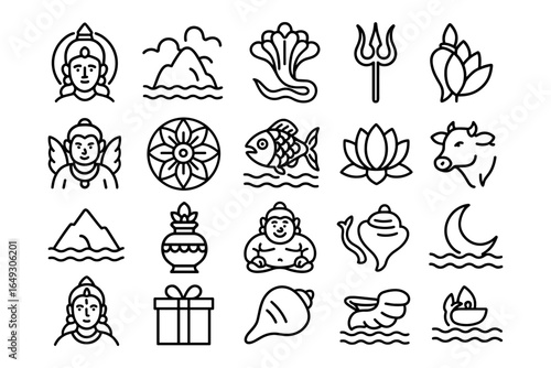 Collection of hindu symbols in modern linear style for cultural and religious themes