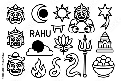 Rahu mythology symbols set featuring iconic hindu elements in linear art style