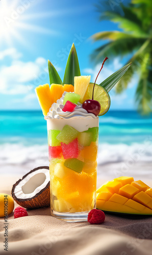 A dreamy tropical delight overflowing with colorful fruits and whipped cream, shining under the sun by a turquoise ocean breeze.